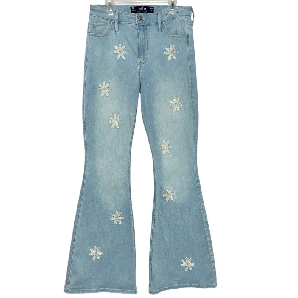 Hollister High Rise Flare Jeans Women's/Juniors 9R Blue Light Wash Embroidered